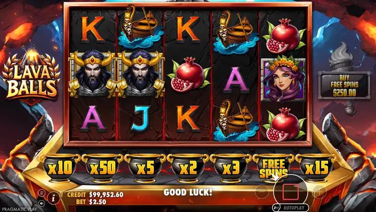 Lava Balls gameplay at spin 422 - balance $99,952.60 at $2.50 stake