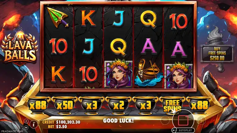 Lava Balls gameplay at spin 794 - balance $100,202.30 at $2.50 stake, above break-even after bonus cluster