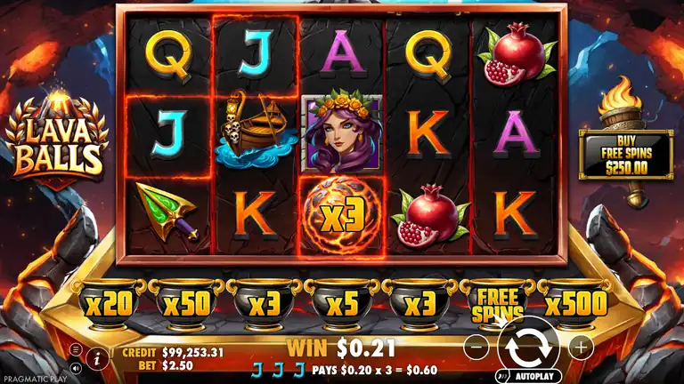 Lava Balls gameplay at spin 1277 - balance $99,253.20 at $2.50 stake, second half decline