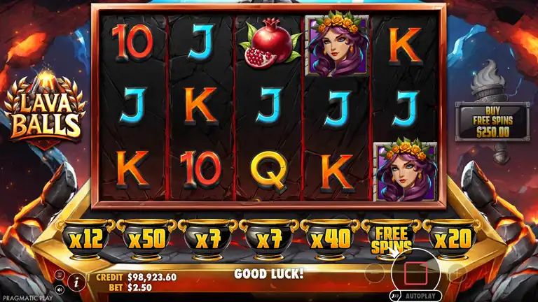 Lava Balls gameplay at session end spin 1729 - balance $98,923.60 at $2.50 stake, final result