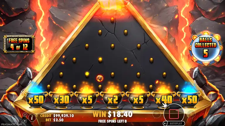 Lava Balls FREE SPINS triggered via scatter symbols on spin 324 - 12 free spins awarded, shown early in the round with an x40 multiplier pot in an outer position