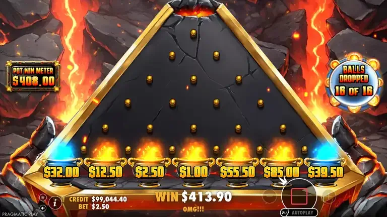 Lava Balls WIN $413.90 on screen - the session's single largest win at 165.56x the $2.50 bet, from bonus round 12